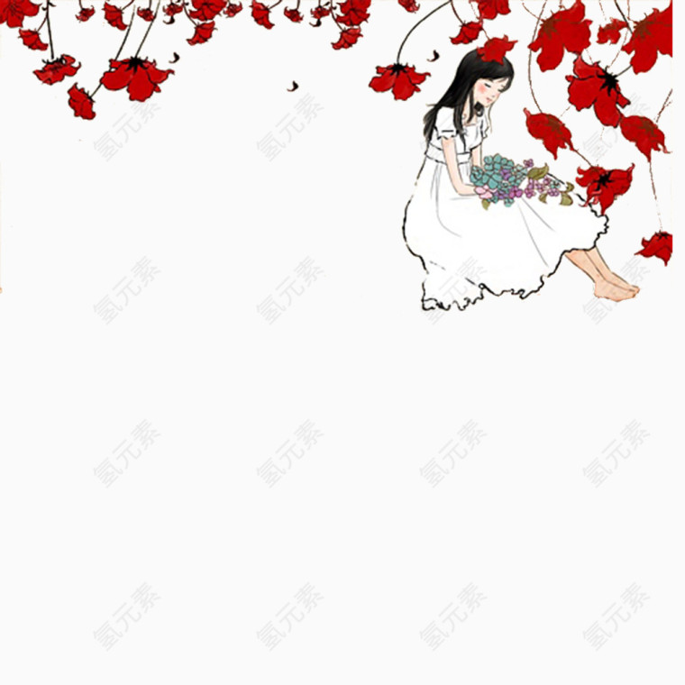 坐在花下的女孩