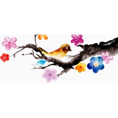 彩绘小鸟在桃树间嬉戏