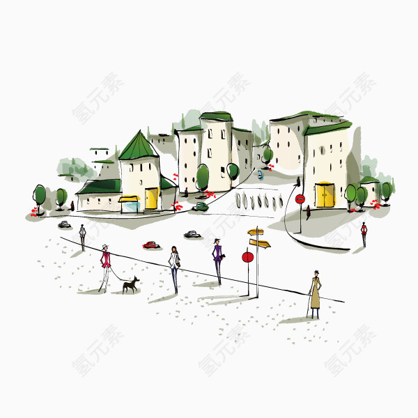 手绘城市建筑 插画 手绘 城市街道
