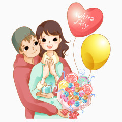 卡通青年情侣气球花朵