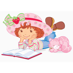 卡通趴着看书的小女孩