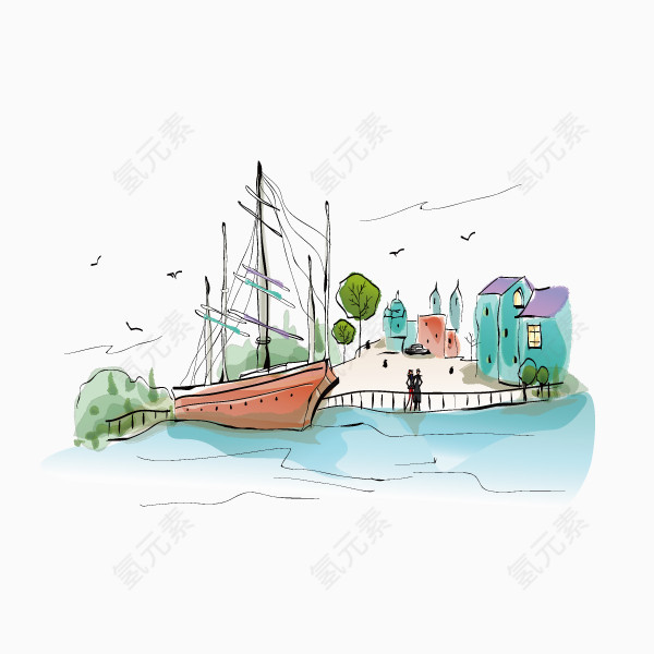 手绘城市建筑 插画 手绘 城市街道 海边