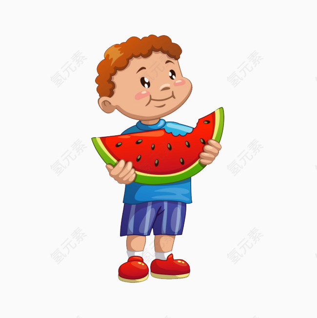 吃西瓜的卷发小男孩