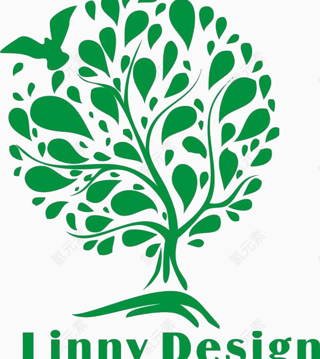 卡通绿色飞鸟绿树素材