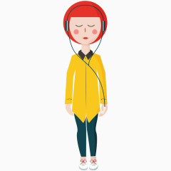 卡通听音乐的红脸小女孩