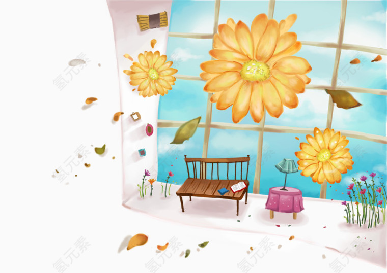 清新手绘窗台上的太阳花插画