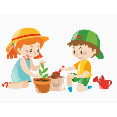 卡通手绘种花的男孩女孩 