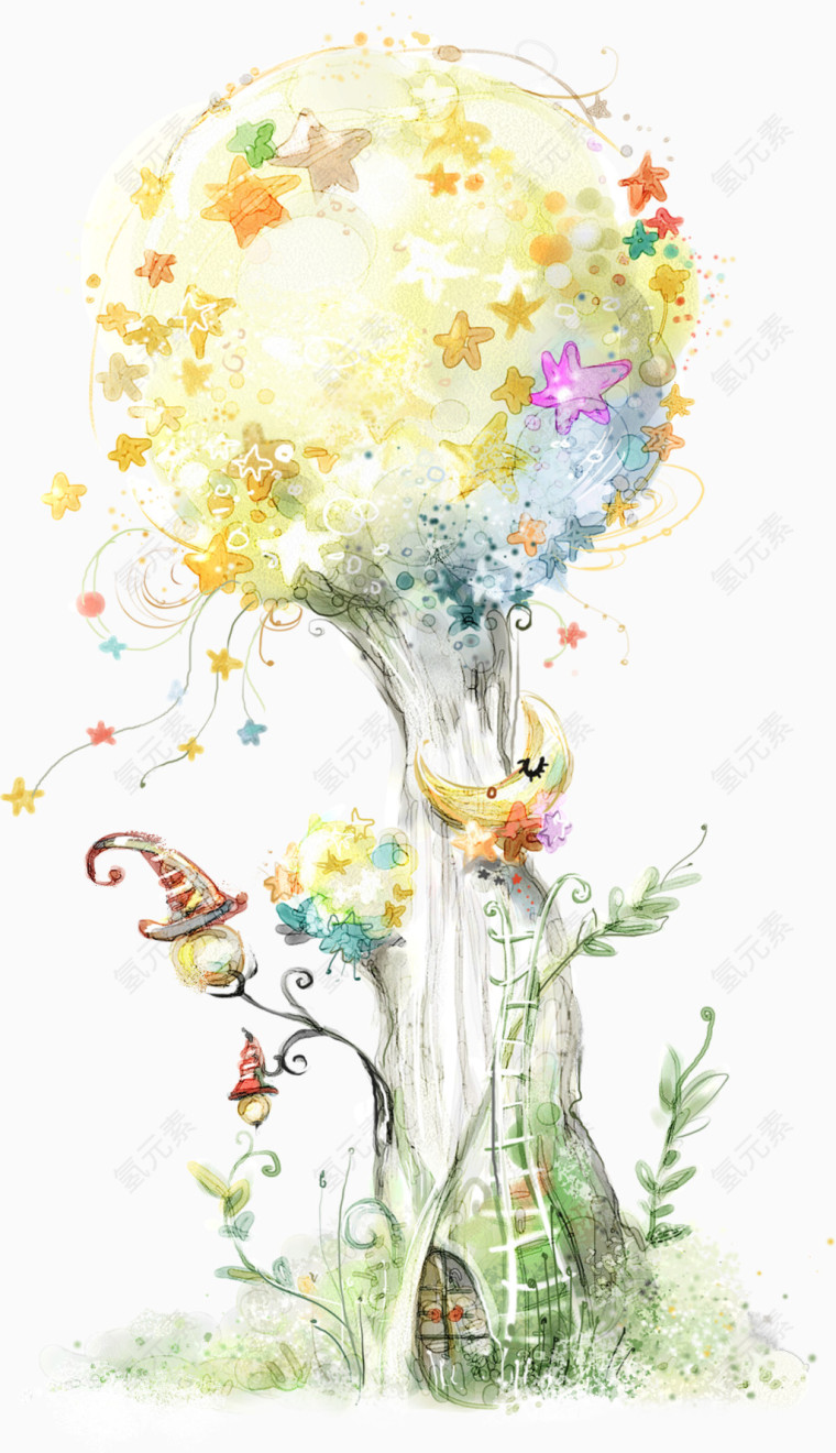 卡通星光美景大树