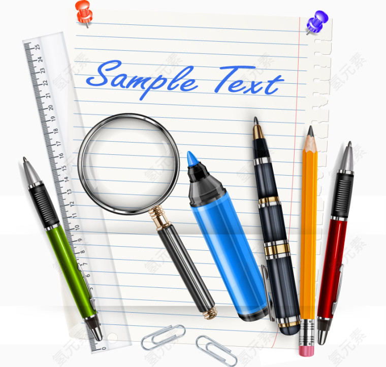 矢量放大镜笔尺子和本子