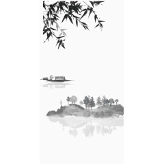 水墨画撑船渔夫