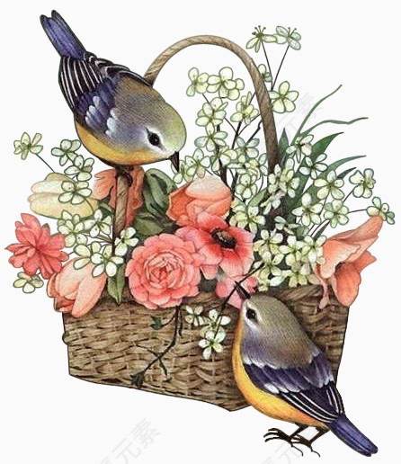 手绘花小鸟花篮