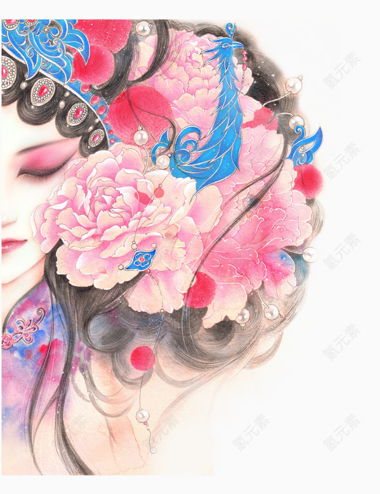 唯美手绘风戏曲花旦半边头像