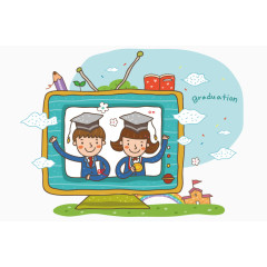 学生毕业卡通插画电视剧笔蓝天草坪