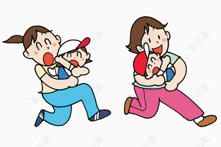 卡通手绘抱着孩子跑步的妈妈 