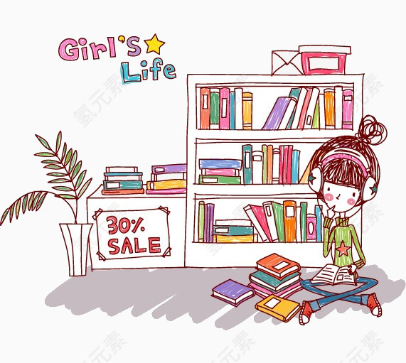 女孩卡通看书