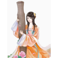 手绘抱着古琴的美少女