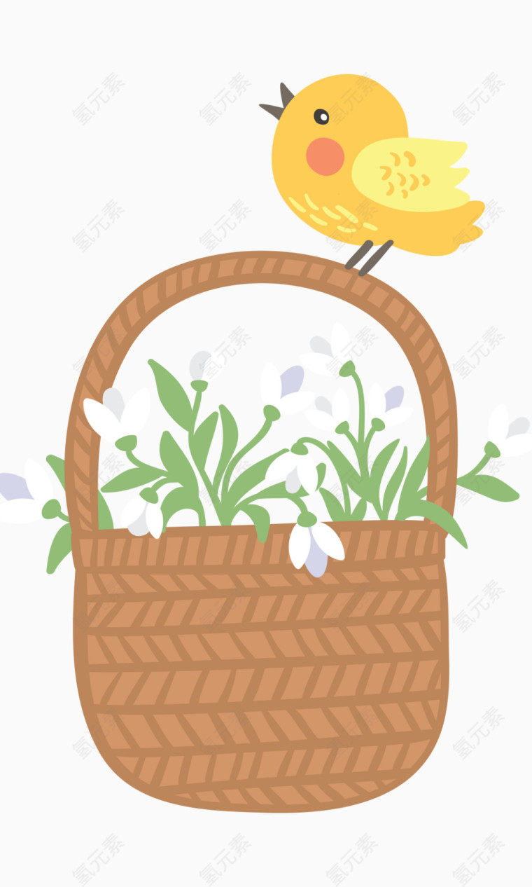 卡通手绘花篮小鸟