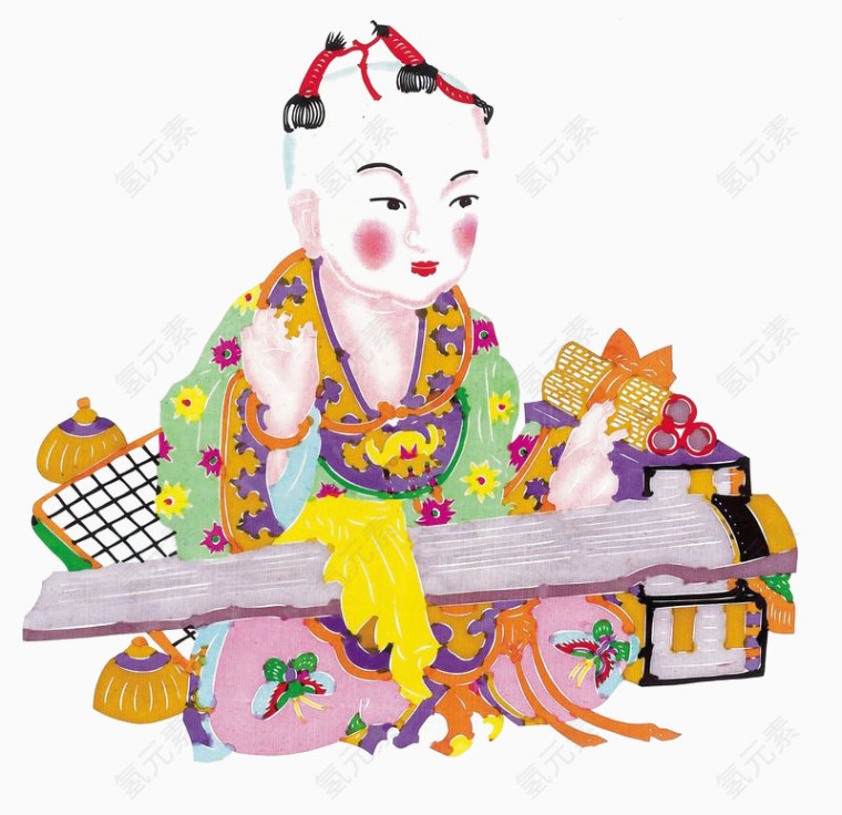 弹琴小孩复色剪纸图片