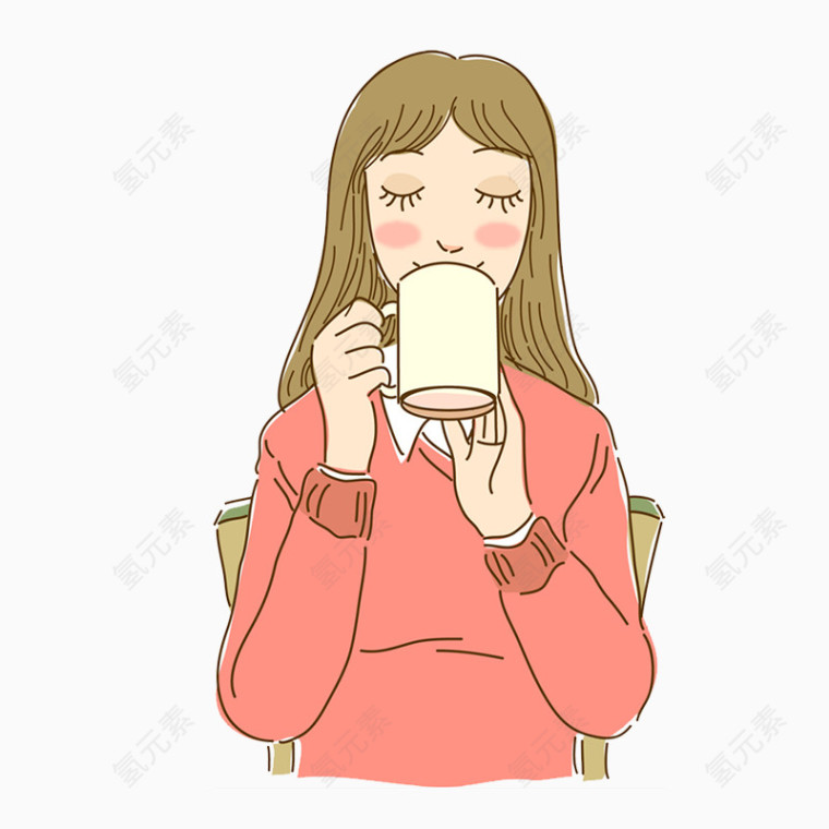 卡通喝牛奶的女孩