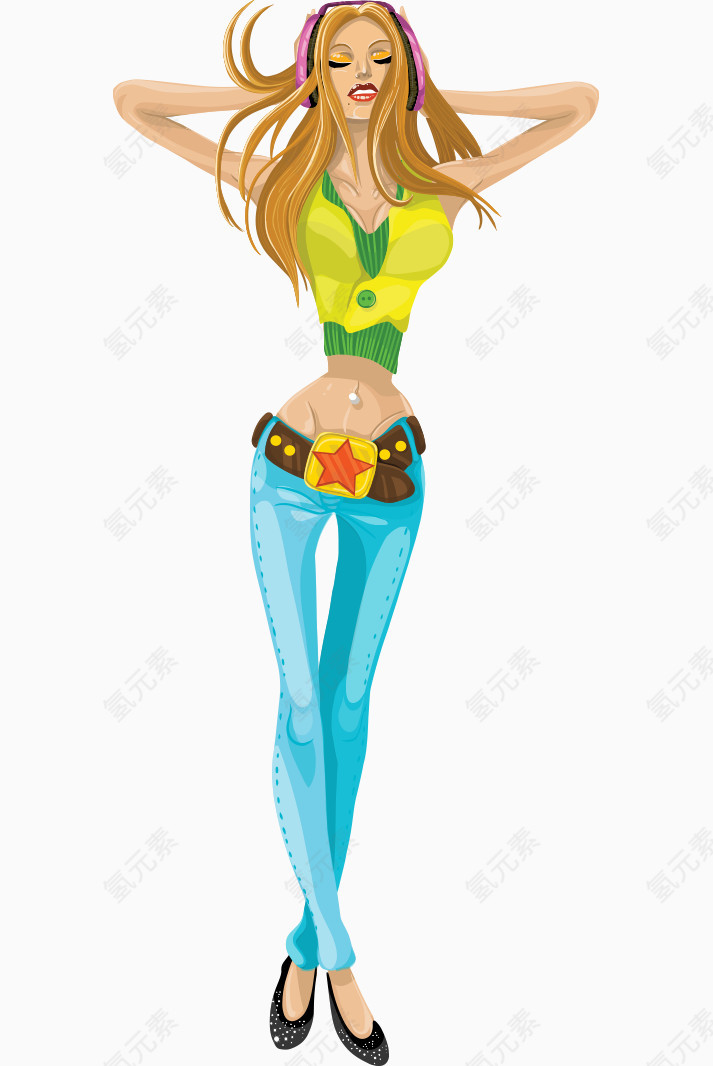 卡通手绘时尚性感戴耳机美女