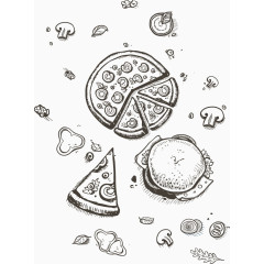 手绘黑白披萨 汉堡元素