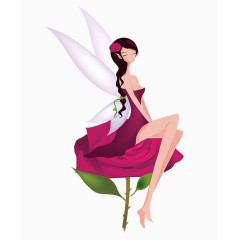 卡通手绘坐在玫瑰花朵上带翅膀的女孩