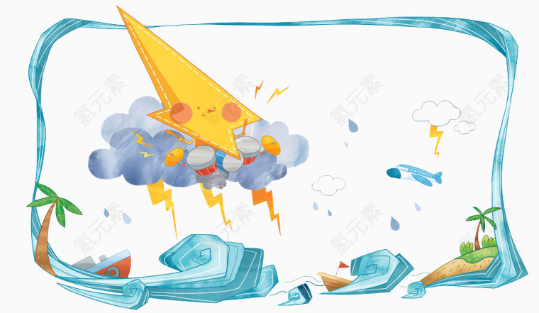 水彩画天气风雨雷电图片