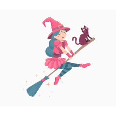 卡通手绘骑扫帚的小女孩