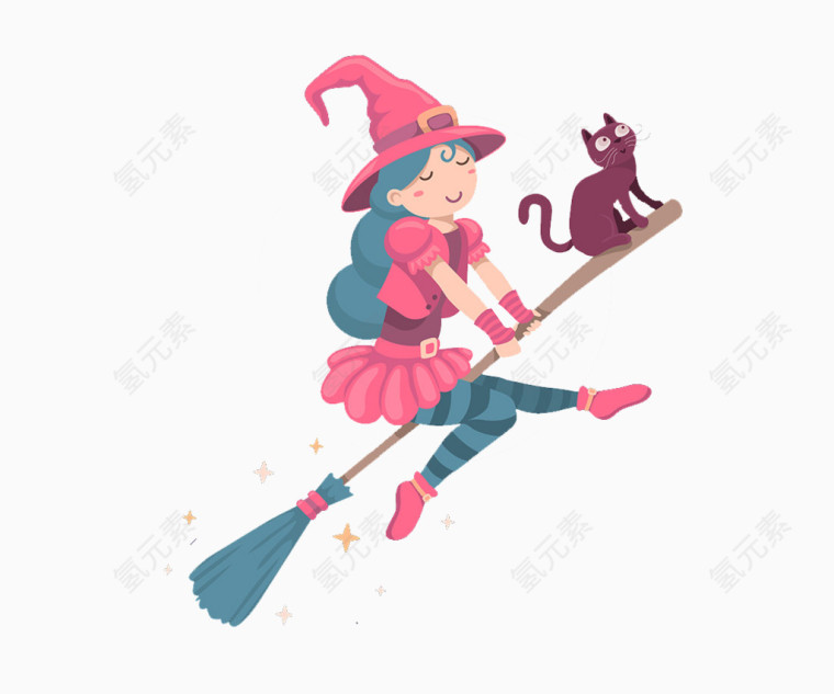 卡通手绘骑扫帚的小女孩