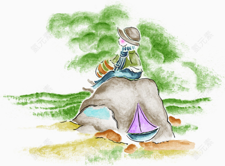 水彩清新小女孩风景插画
