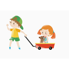 卡通手绘玩滑车的男孩女孩 