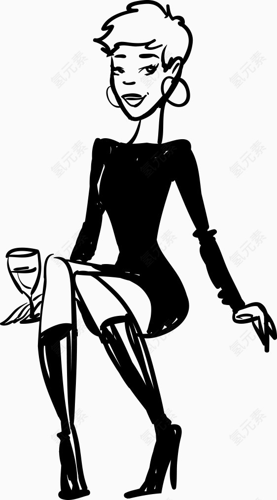 坐姿手绘红酒美女