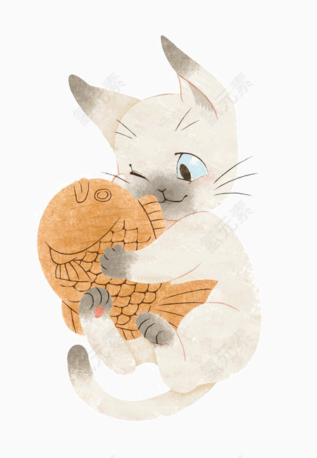 手绘猫抱着鱼