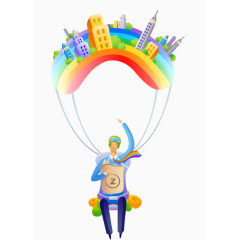 扁平化卡通房屋降落伞矢量元素