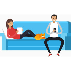 卡通手绘情侣沙发上玩手机