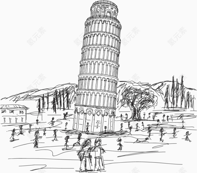 手绘黑色线条绘画建筑比萨尔斜塔
