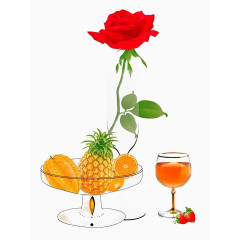 一束娇艳的玫瑰花和水果