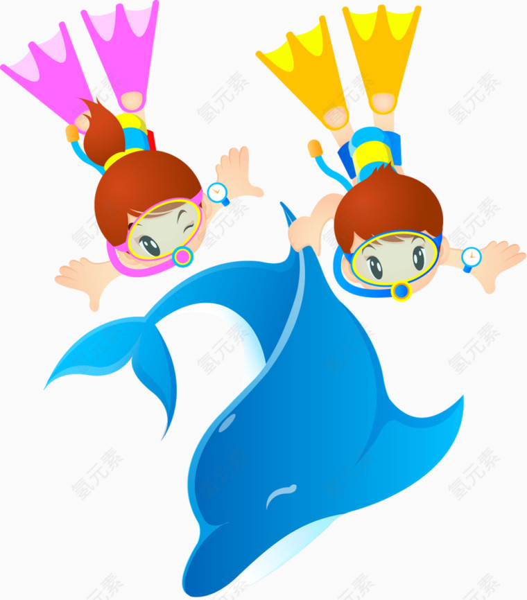 潜水海豚卡通手绘装饰元素