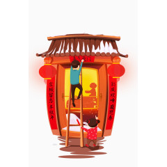 卡通手绘贴春联