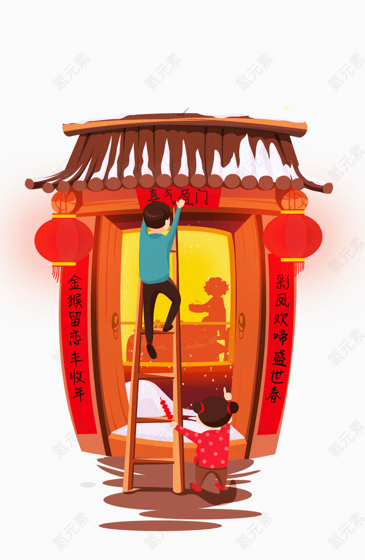 卡通手绘贴春联