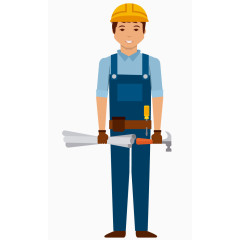 卡通手绘蓝色工作服工程工人拿图纸