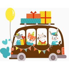 童趣卡通动物校巴矢量素材图片