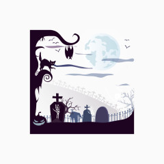 矢量万圣节墓地一只黑猫和骨架