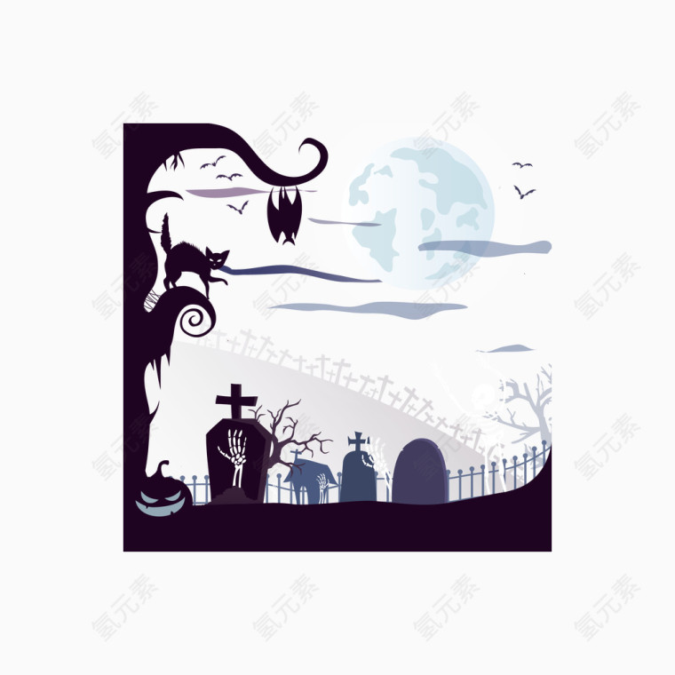 矢量万圣节墓地一只黑猫和骨架