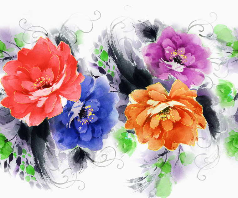 水墨鲜艳花卉