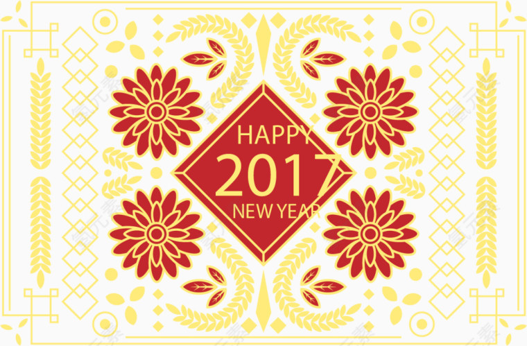 黄色花边新年贺卡