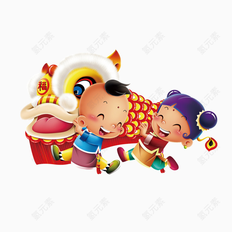 手绘卡通小孩子舞狮子中国风古典装饰元素