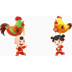 手举公鸡的男福娃和手举母鸡的女福娃