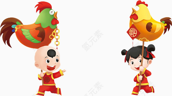 手举公鸡的男福娃和手举母鸡的女福娃