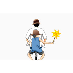 骑车的父亲带着儿子风车手绘卡通